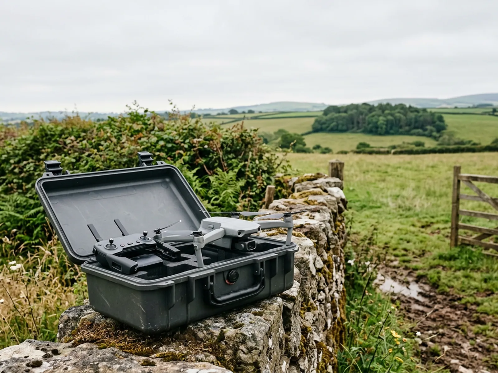 An open drone flight case on a low stone wall in a Devon field gateway with the folded aircraft inside it, hedgerow and rolling farmland beyond