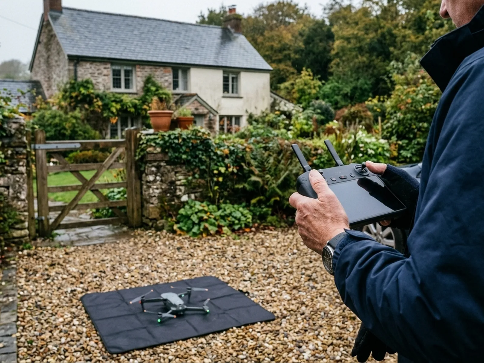 A pilot seen from behind holding a drone controller on a gravel drive, the aircraft on a landing mat in front and a slate roofed cottage and garden gate beyond