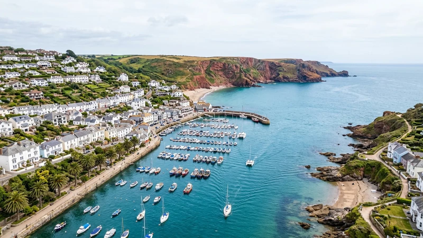 A sheltered South Devon bay with a small harbour, pastel painted houses climbing the slope behind and red cliffs closing the far side